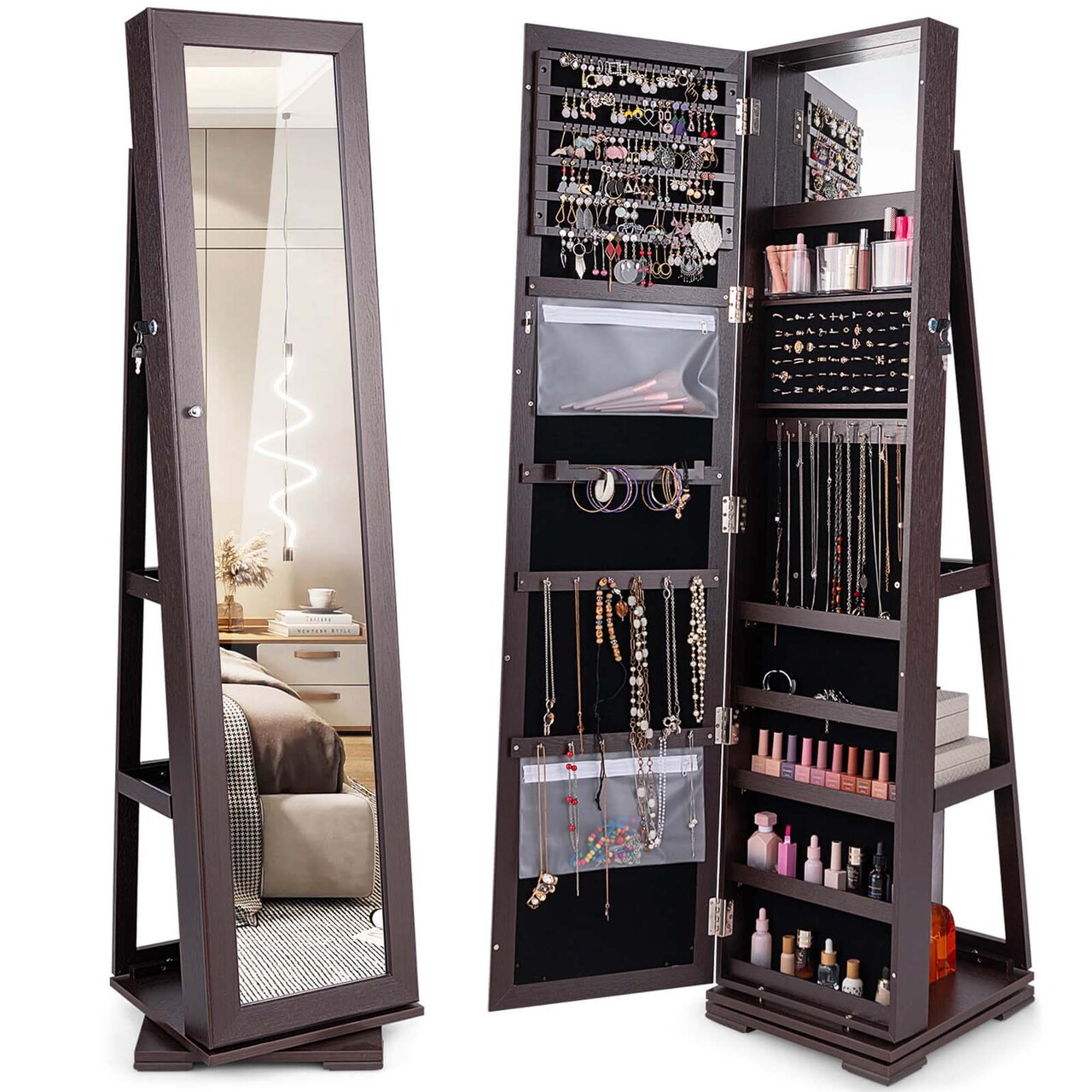 Costway 360degree Rotatable Jewelry Cabinet 2-in-1 Lockable Mirrored Organizer White/Black/Dark Brown/Gray/Blue/Pink/Purple/Dark Gray